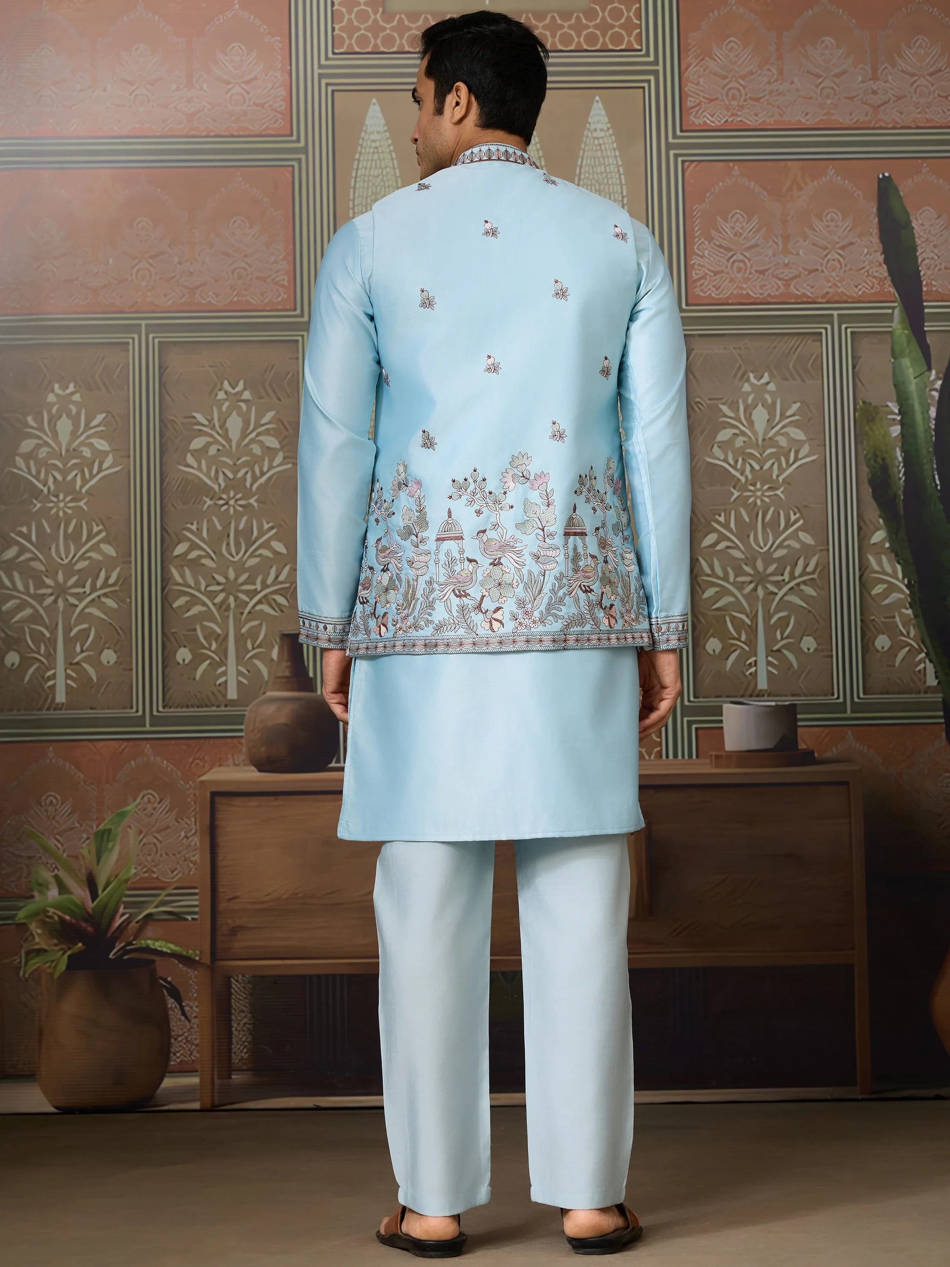 Alluring Sky Blue Thread Work Silk Function Wear Men Kurta And Pant Set With Jacket