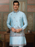 Alluring Sky Blue Thread Work Silk Function Wear Men Kurta And Pant Set With Jacket