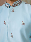 Alluring Sky Blue Thread Work Silk Function Wear Men Kurta And Pant Set With Jacket