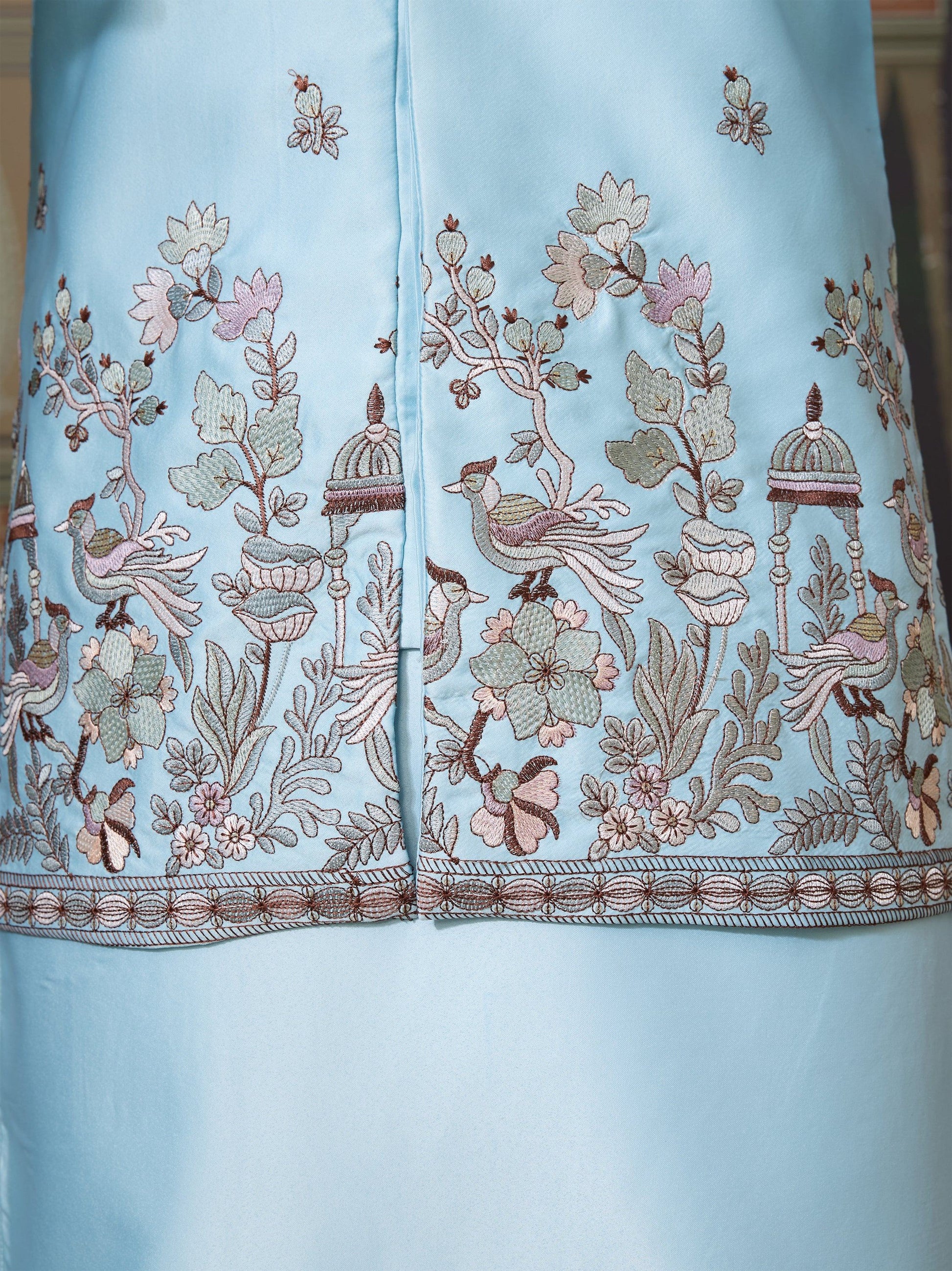 Alluring Sky Blue Thread Work Silk Function Wear Men Kurta And Pant Set With Jacket