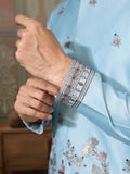 Alluring Sky Blue Thread Work Silk Function Wear Men Kurta And Pant Set With Jacket