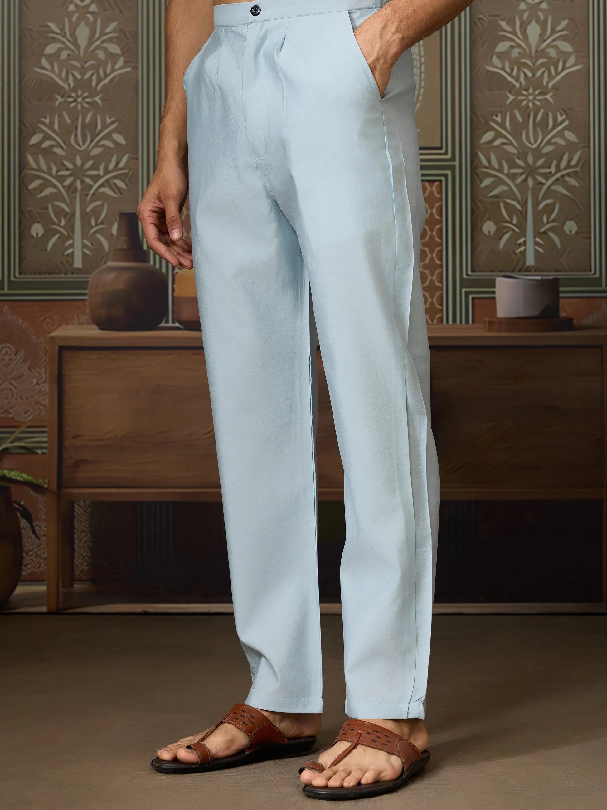 Alluring Sky Blue Thread Work Silk Function Wear Men Kurta And Pant Set With Jacket