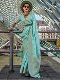 Alluring Sky-Blue Zari Weaving Silk Festival Wear Saree With Blouse - Zeel Clothing