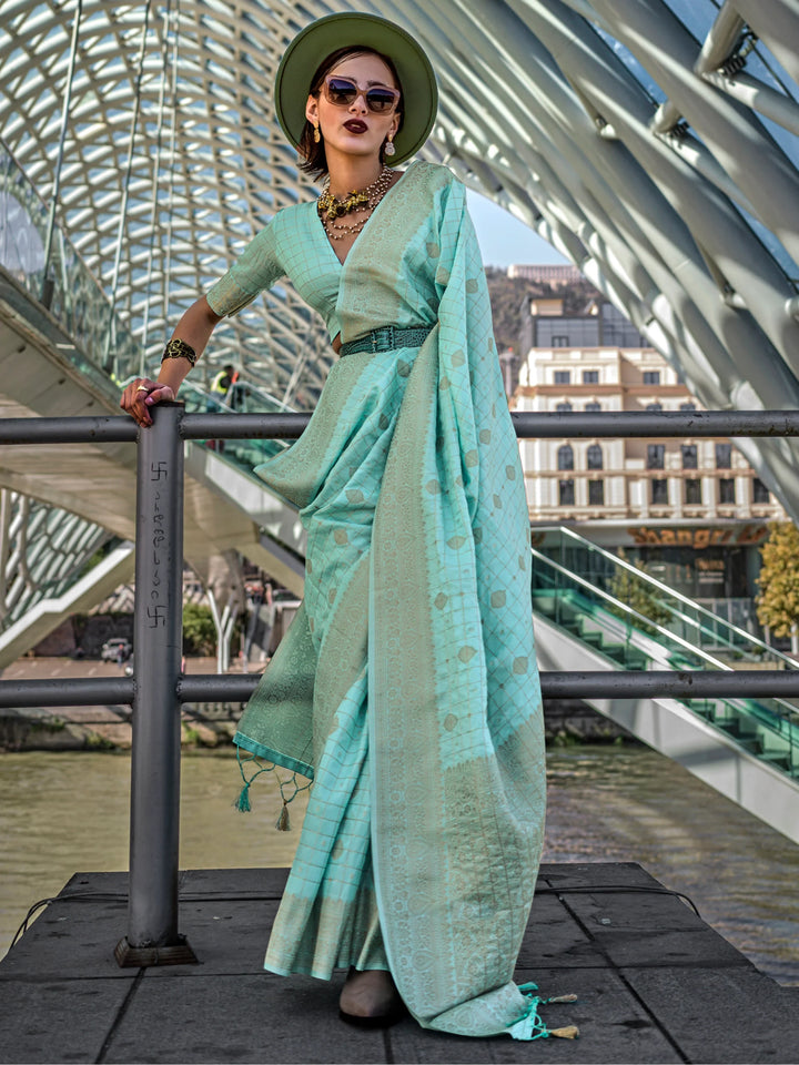 Alluring Sky-Blue Zari Weaving Silk Festival Wear Saree With Blouse - Zeel Clothing