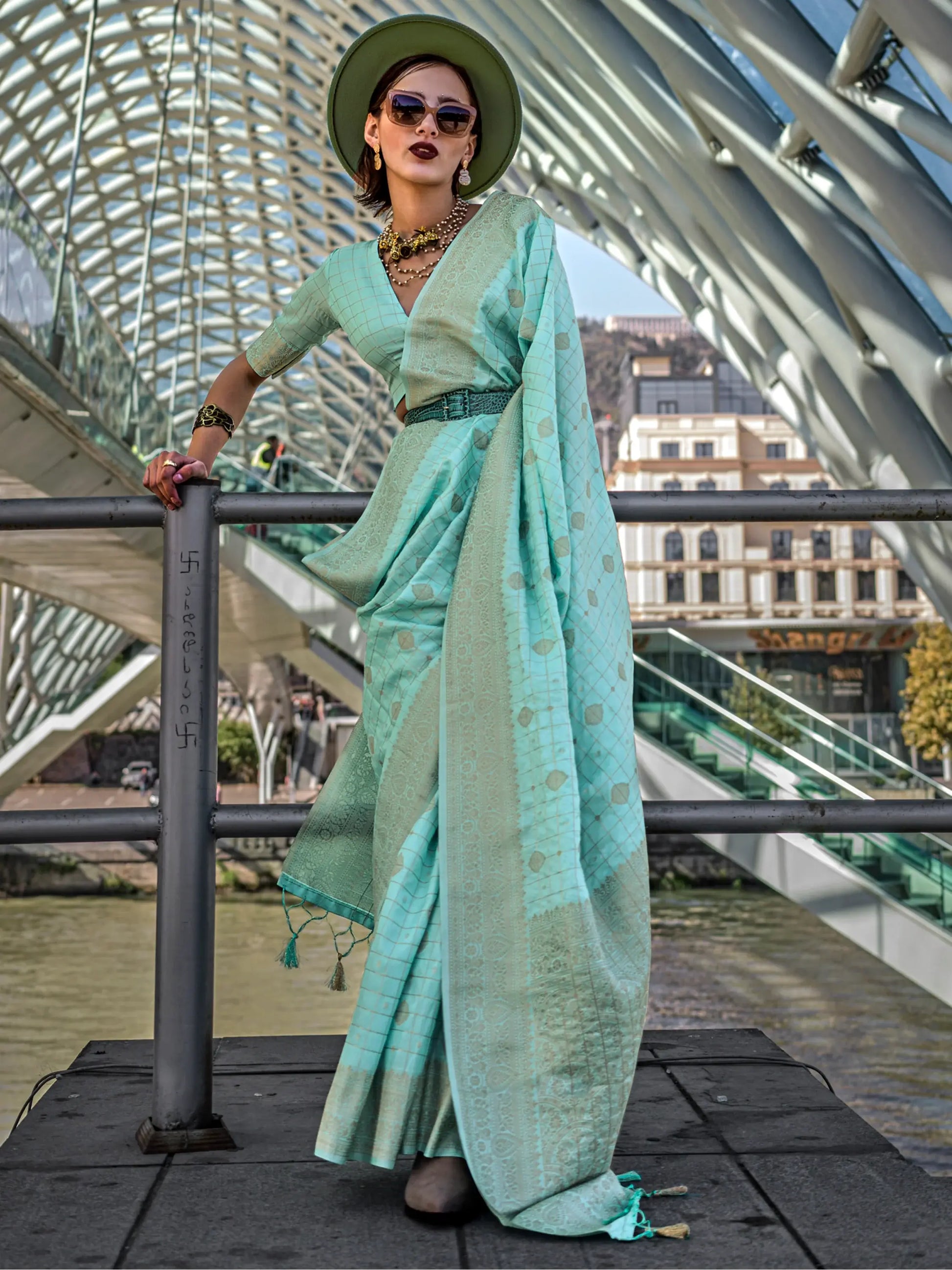 Alluring Sky-Blue Zari Weaving Silk Festival Wear Saree With Blouse - Zeel Clothing