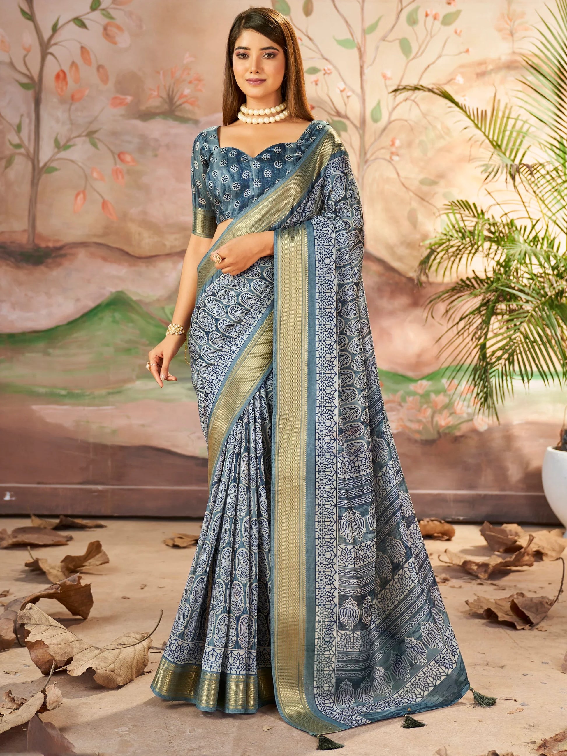 Alluring Slate Grey Digital Printed Dola Silk Office Wear Saree With Blouse - Zeel Clothing