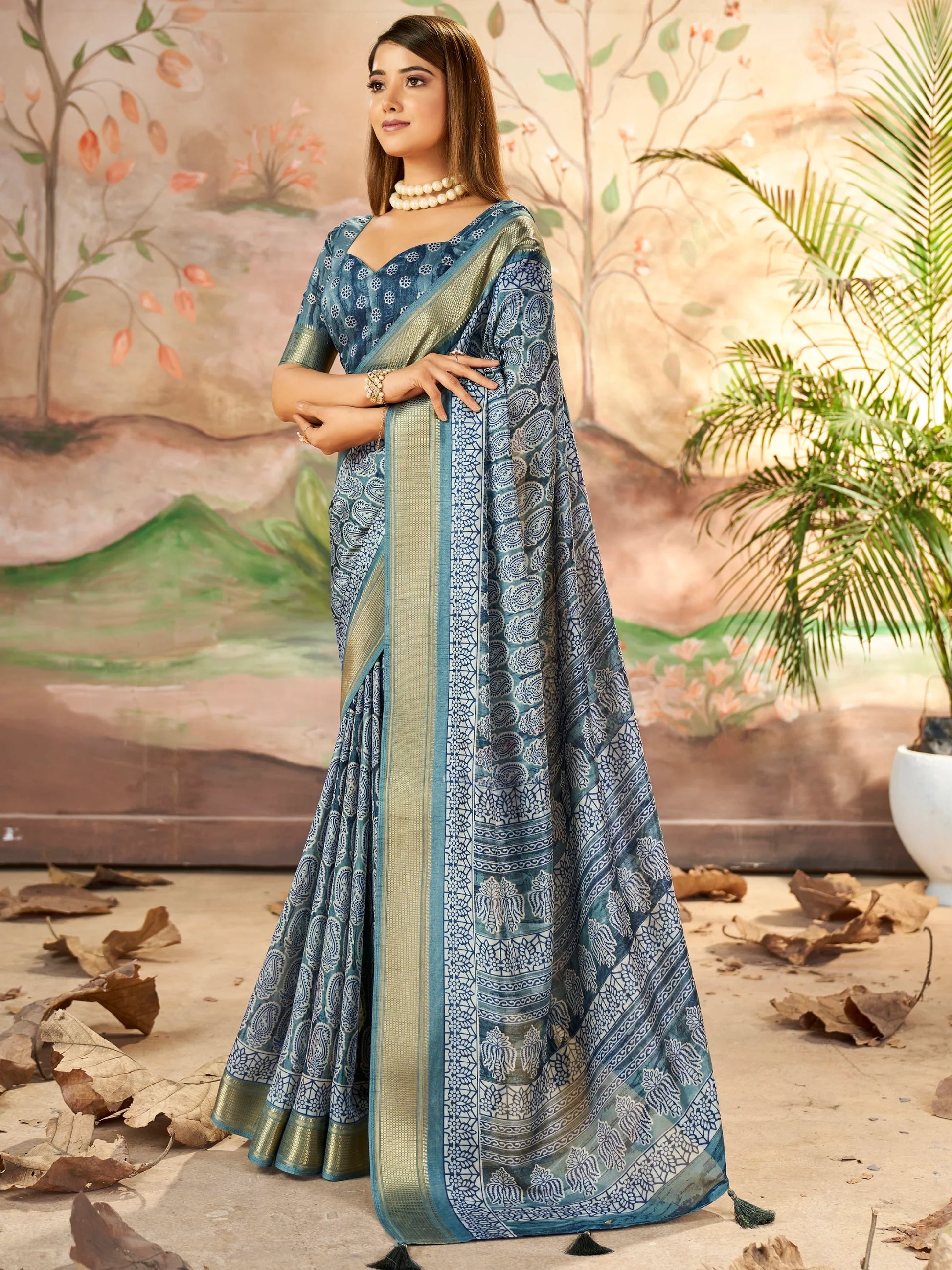 Alluring Slate Grey Digital Printed Dola Silk Office Wear Saree With Blouse - Zeel Clothing