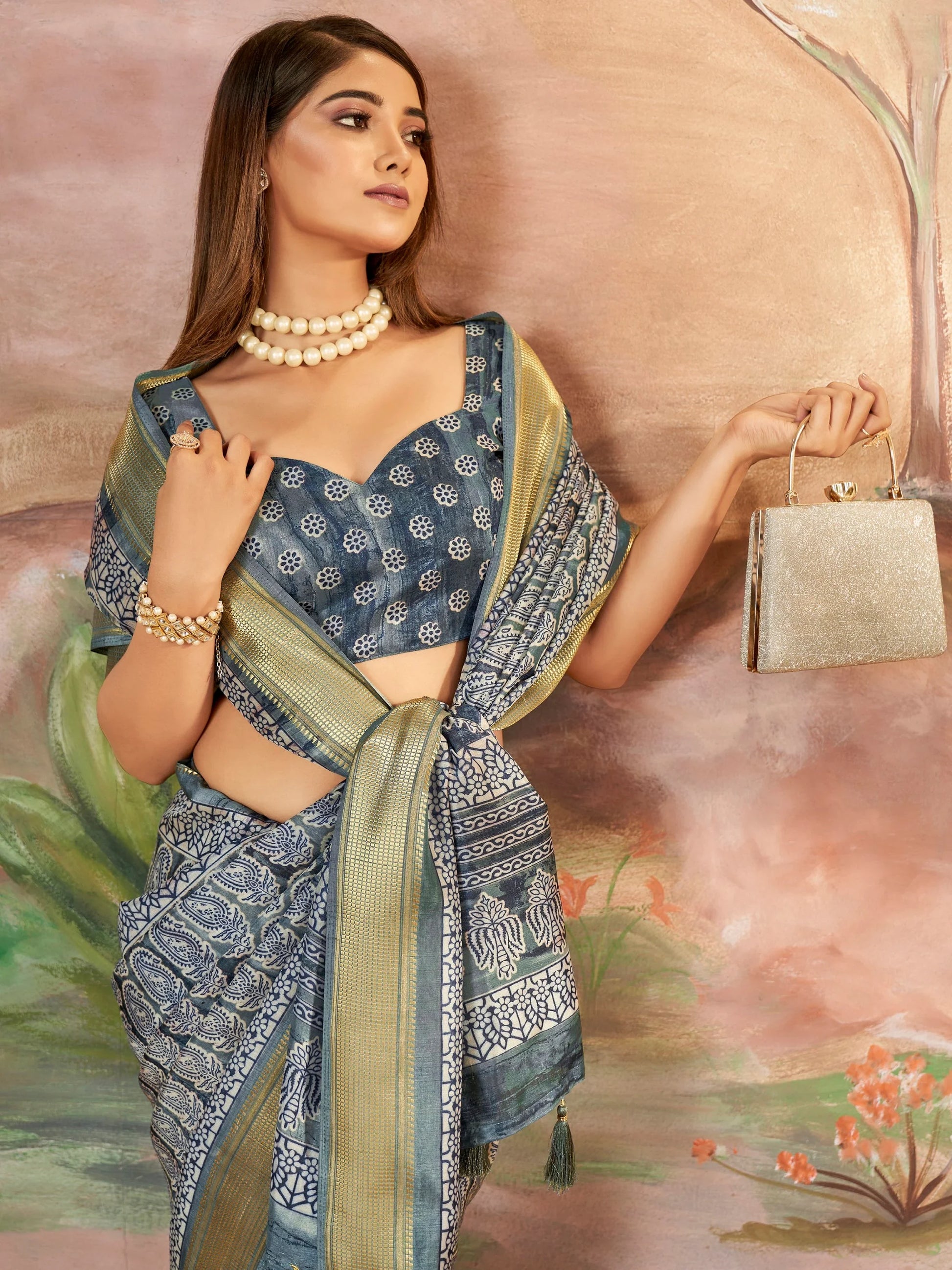 Alluring Slate Grey Digital Printed Dola Silk Office Wear Saree With Blouse - Zeel Clothing