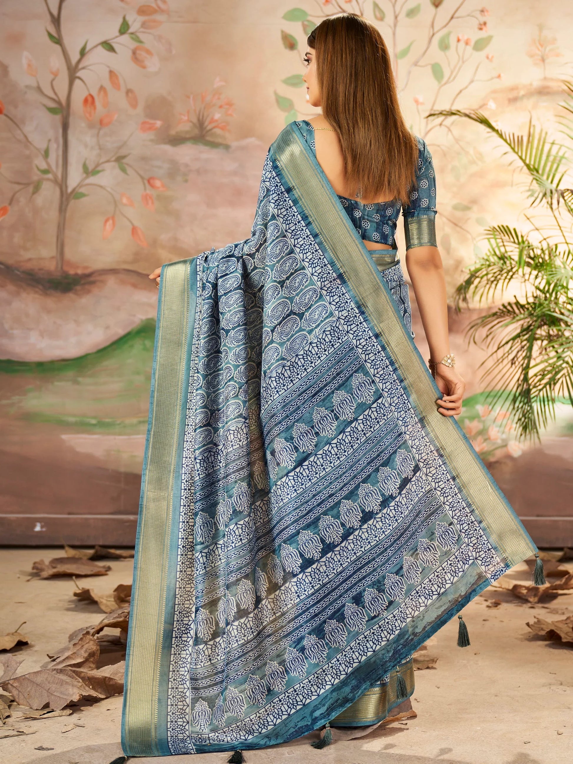 Alluring Slate Grey Digital Printed Dola Silk Office Wear Saree With Blouse - Zeel Clothing