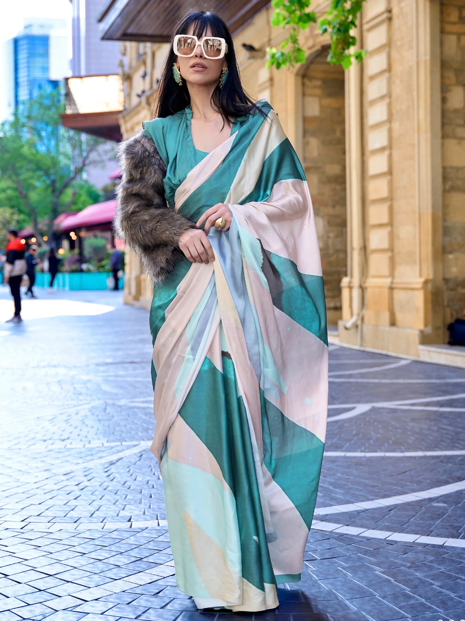 Alluring Teal Blue & White Digital Print Satin Party Wear Saree With Blouse - Zeel Clothing
