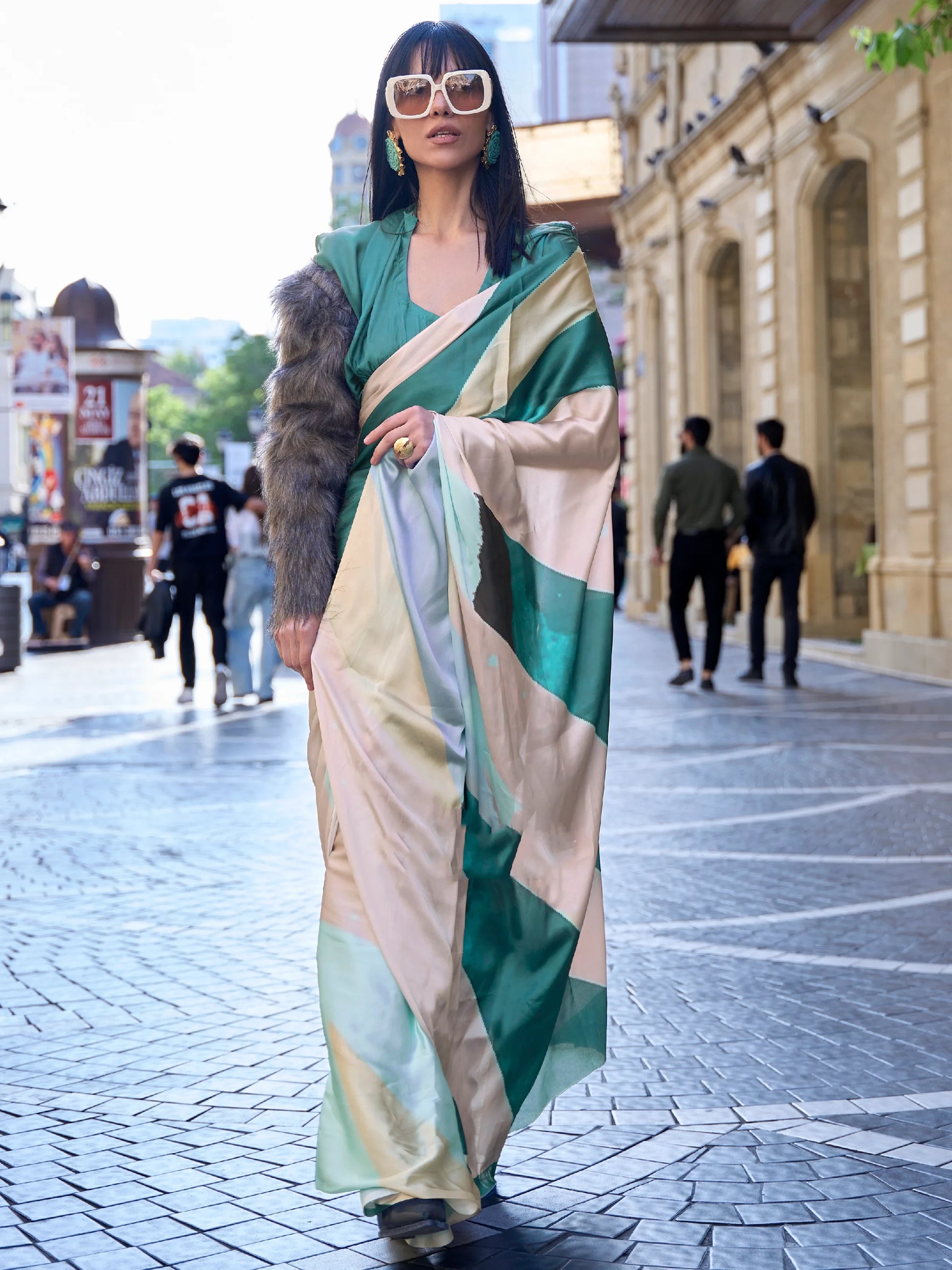 Alluring Teal Blue & White Digital Print Satin Party Wear Saree With Blouse - Zeel Clothing