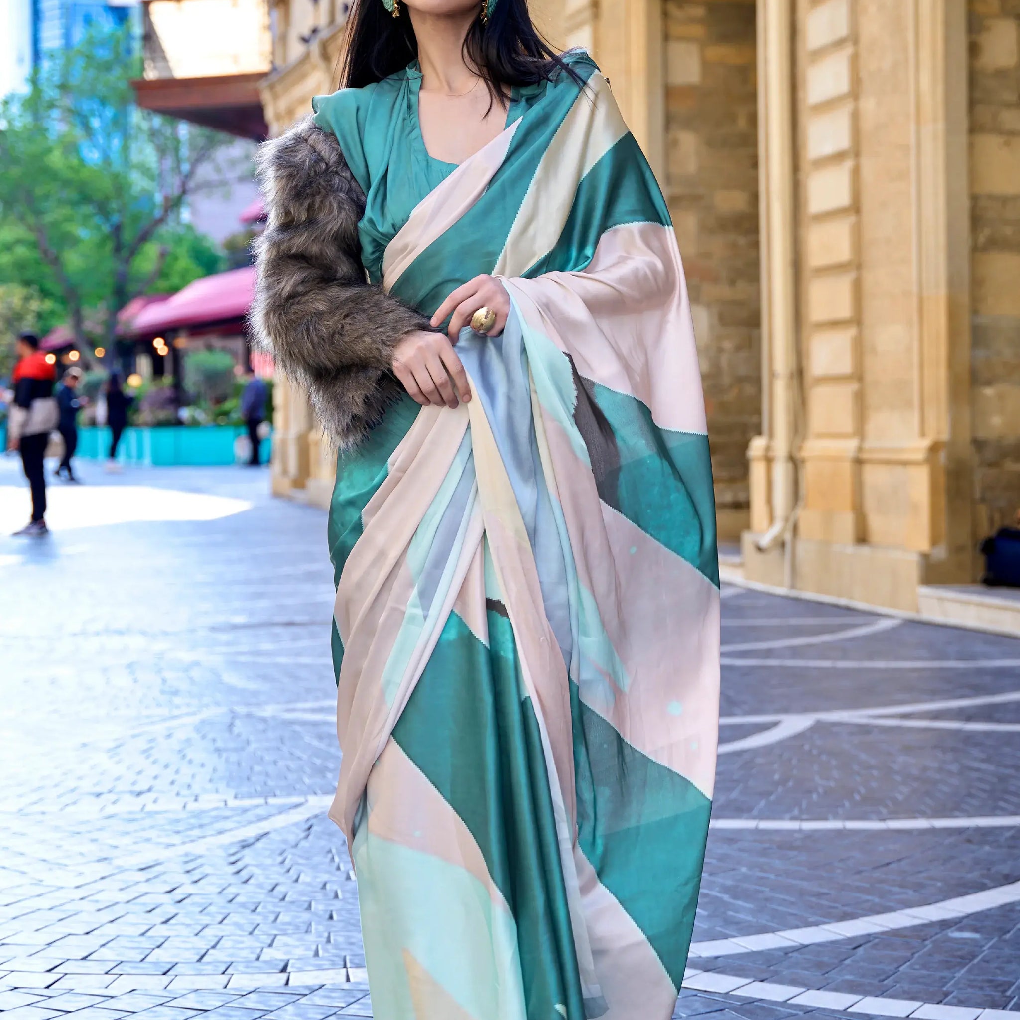 Alluring Teal Blue & White Digital Print Satin Party Wear Saree With Blouse - Zeel Clothing