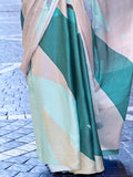 Alluring Teal Blue & White Digital Print Satin Party Wear Saree With Blouse - Zeel Clothing