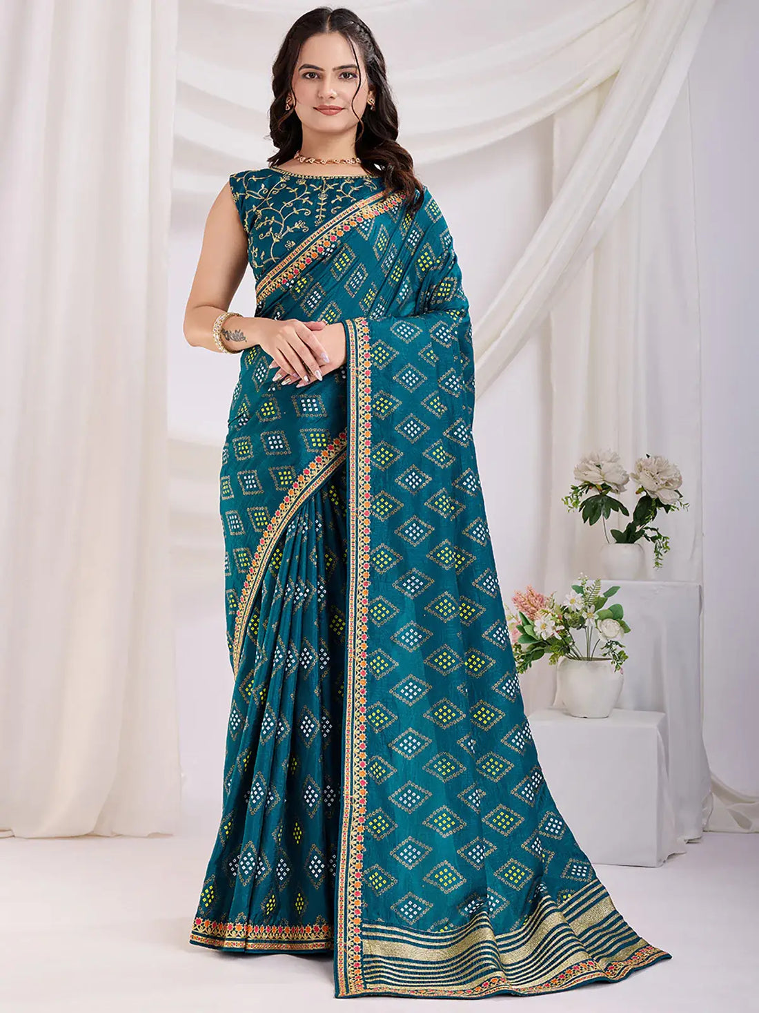 Alluring Teal Blue Bandhej Printed Silk Festive Wear Saree - Zeel Clothing