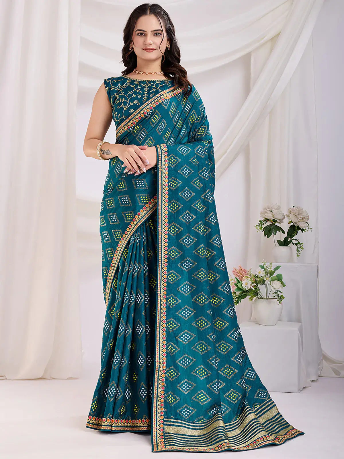 Alluring Teal Blue Bandhej Printed Silk Festive Wear Saree - Zeel Clothing