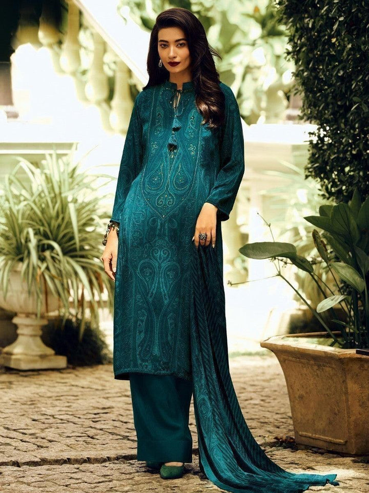 Alluring Teal Blue Embroidered Silk Salwar Kameez With Dupatta