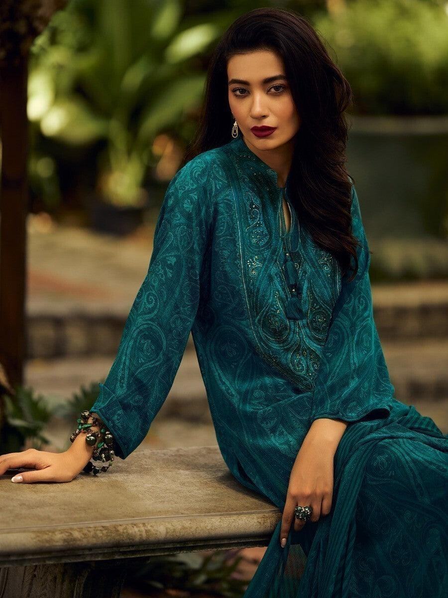 Alluring Teal Blue Embroidered Silk Salwar Kameez With Dupatta