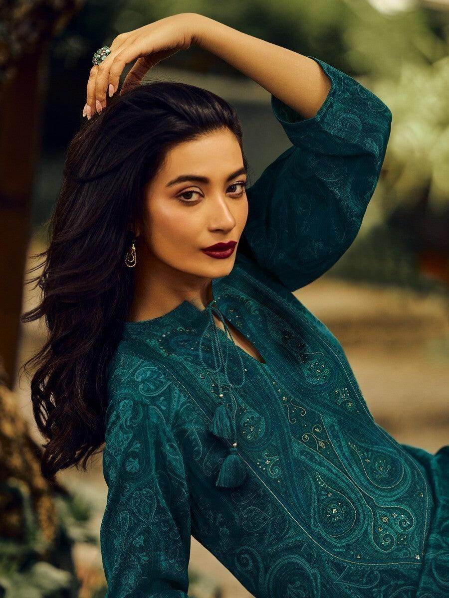 Alluring Teal Blue Embroidered Silk Salwar Kameez With Dupatta - Zeel Clothing
