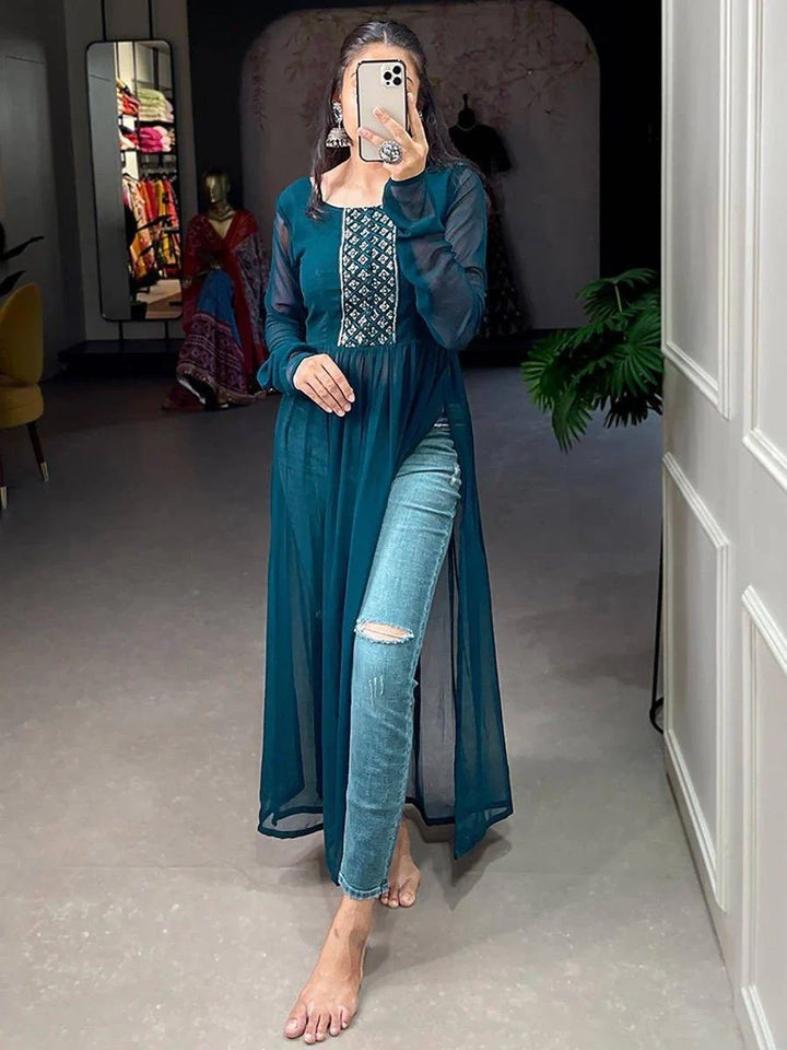 Alluring Teal Blue Embroidered Work Georgette Festival Wear Kurti