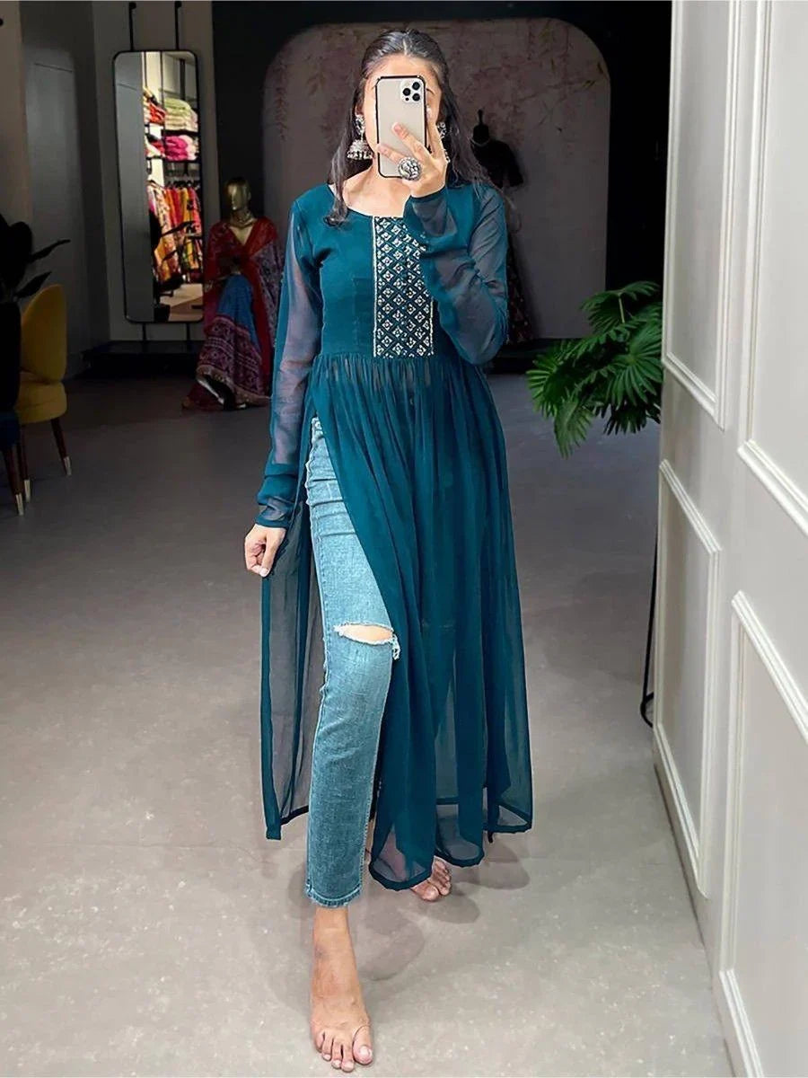 Alluring Teal Blue Embroidered Work Georgette Festival Wear Kurti
