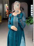 Alluring Teal Blue Embroidered Work Georgette Festival Wear Kurti - Zeel Clothing