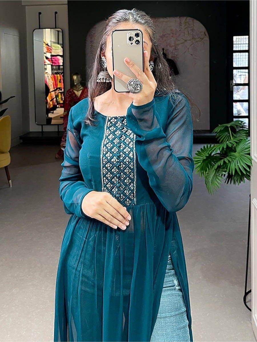 Alluring Teal Blue Embroidered Work Georgette Festival Wear Kurti - Zeel Clothing