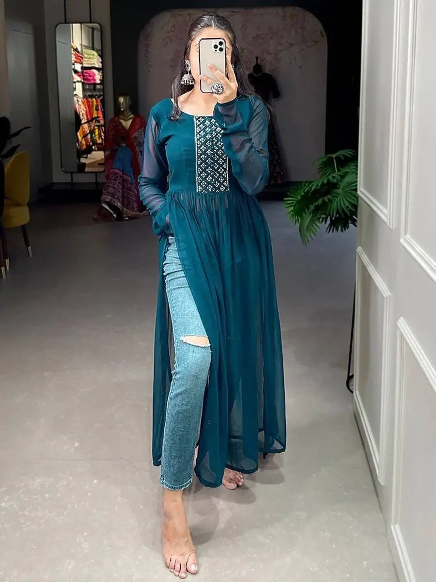 Alluring Teal Blue Embroidered Work Georgette Festival Wear Kurti - Zeel Clothing