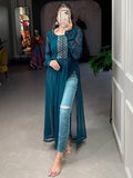 Alluring Teal Blue Embroidered Work Georgette Festival Wear Kurti - Zeel Clothing