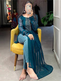 Alluring Teal Blue Embroidered Work Georgette Festival Wear Kurti - Zeel Clothing