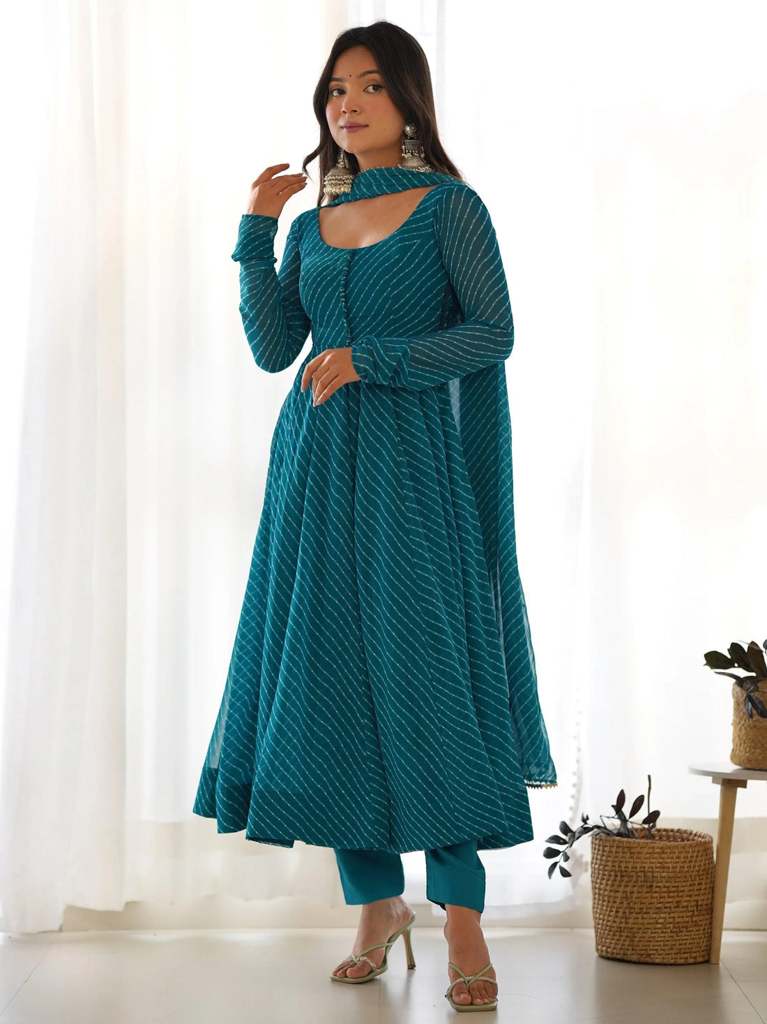Alluring Teal Blue Laheriya Printed Georgette Anarkali Suit With Dupatta