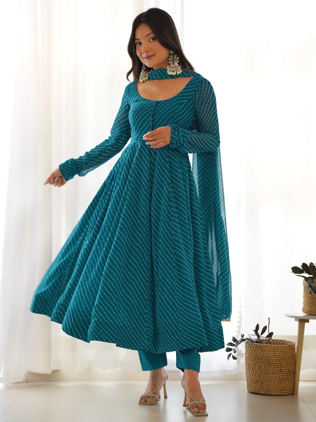 Alluring Teal Blue Laheriya Printed Georgette Anarkali Suit With Dupatta