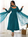 Alluring Teal Blue Laheriya Printed Georgette Anarkali Suit With Dupatta