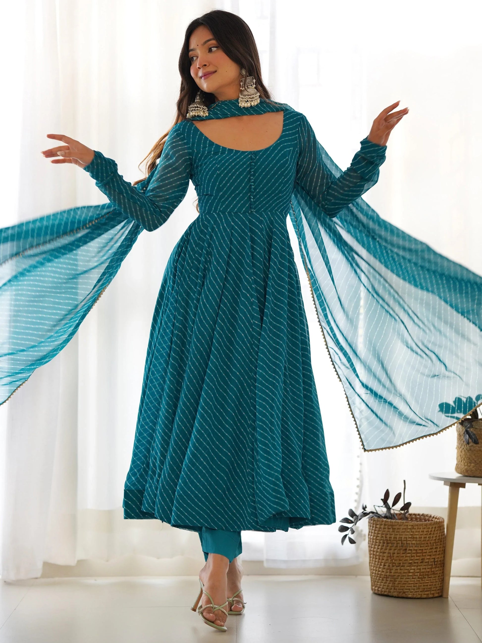 Alluring Teal Blue Laheriya Printed Georgette Anarkali Suit With Dupatta
