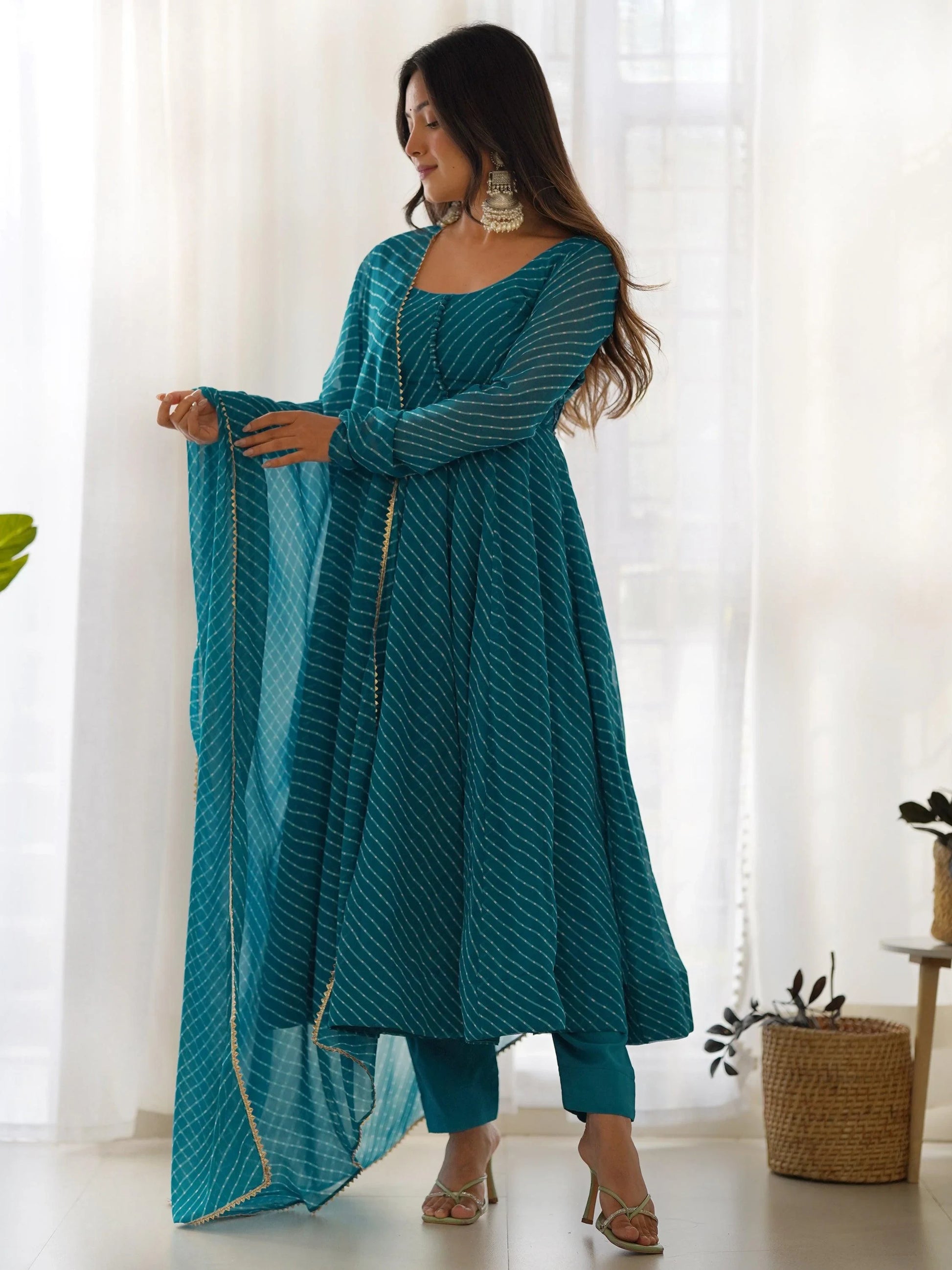 Alluring Teal Blue Laheriya Printed Georgette Anarkali Suit With Dupatta