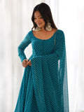 Alluring Teal Blue Laheriya Printed Georgette Anarkali Suit With Dupatta