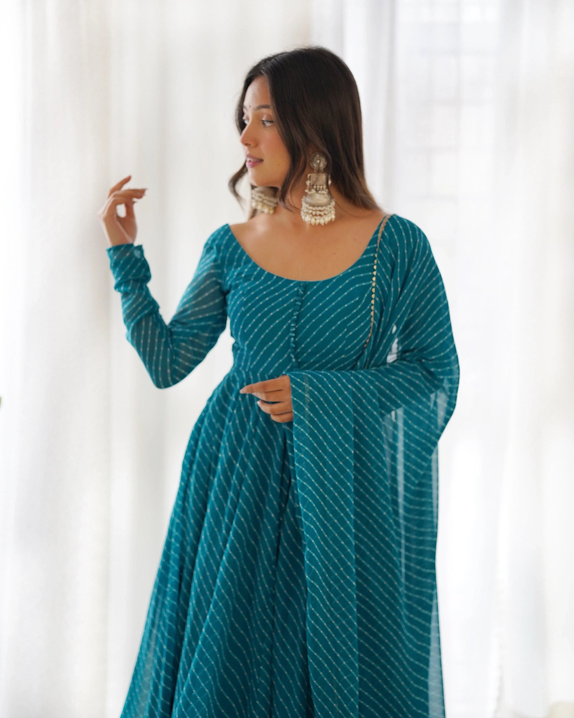 Alluring Teal Blue Laheriya Printed Georgette Anarkali Suit With Dupatta
