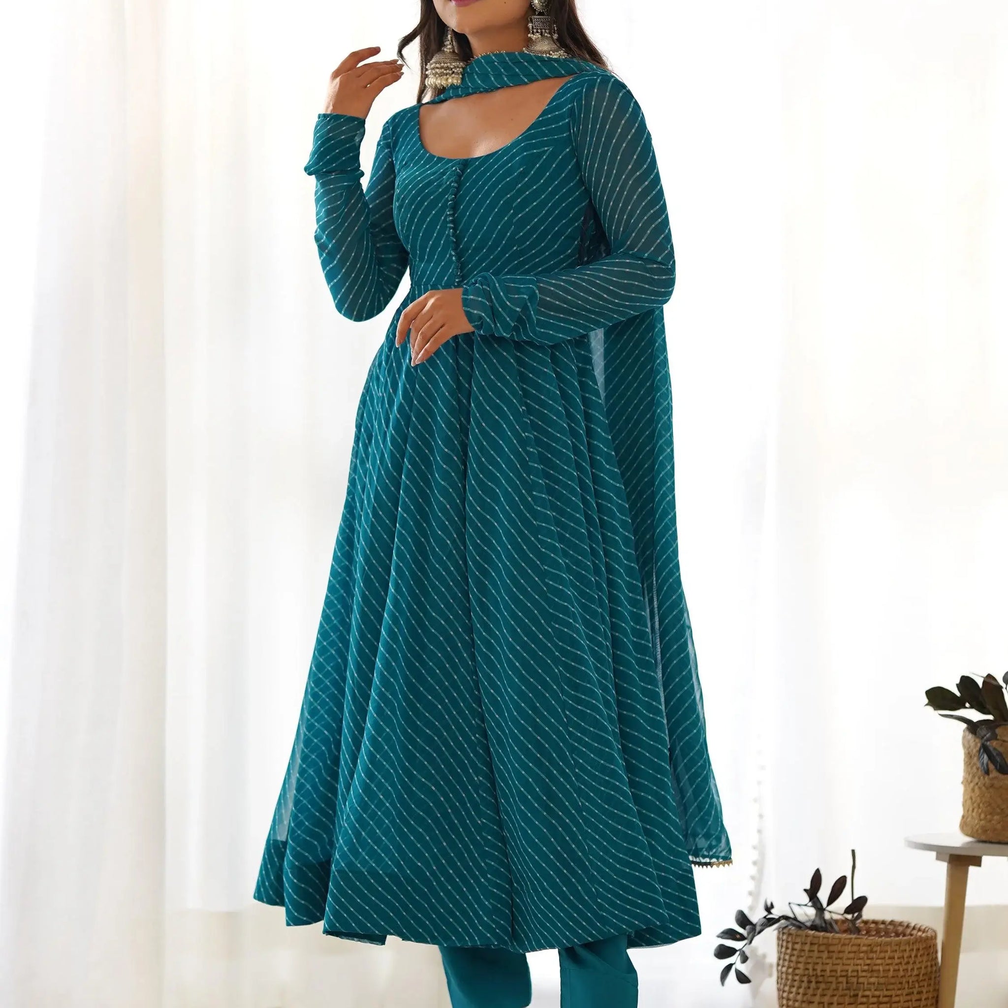 Alluring Teal Blue Laheriya Printed Georgette Anarkali Suit With Dupatta - Zeel Clothing