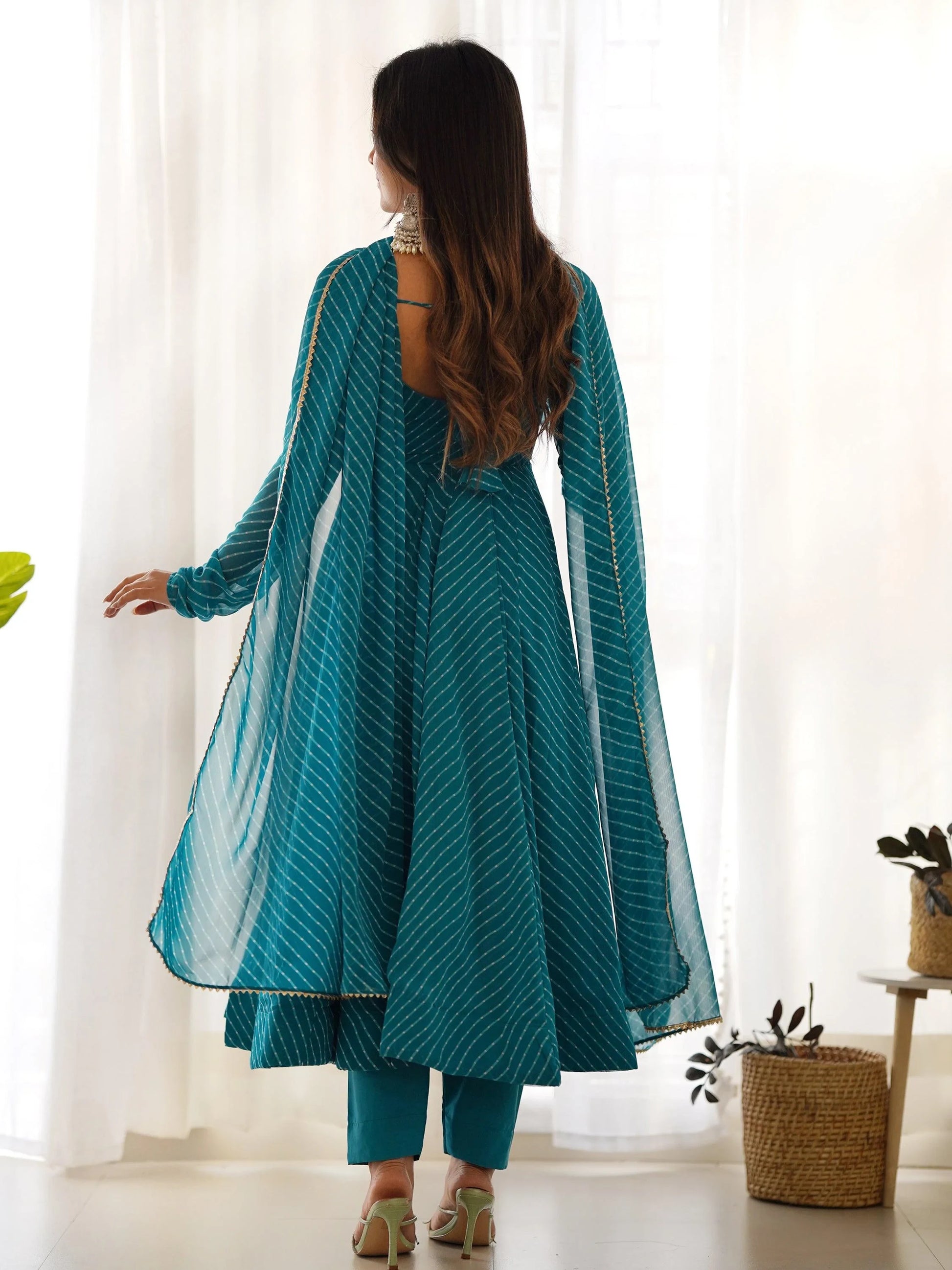 Alluring Teal Blue Laheriya Printed Georgette Anarkali Suit With Dupatta