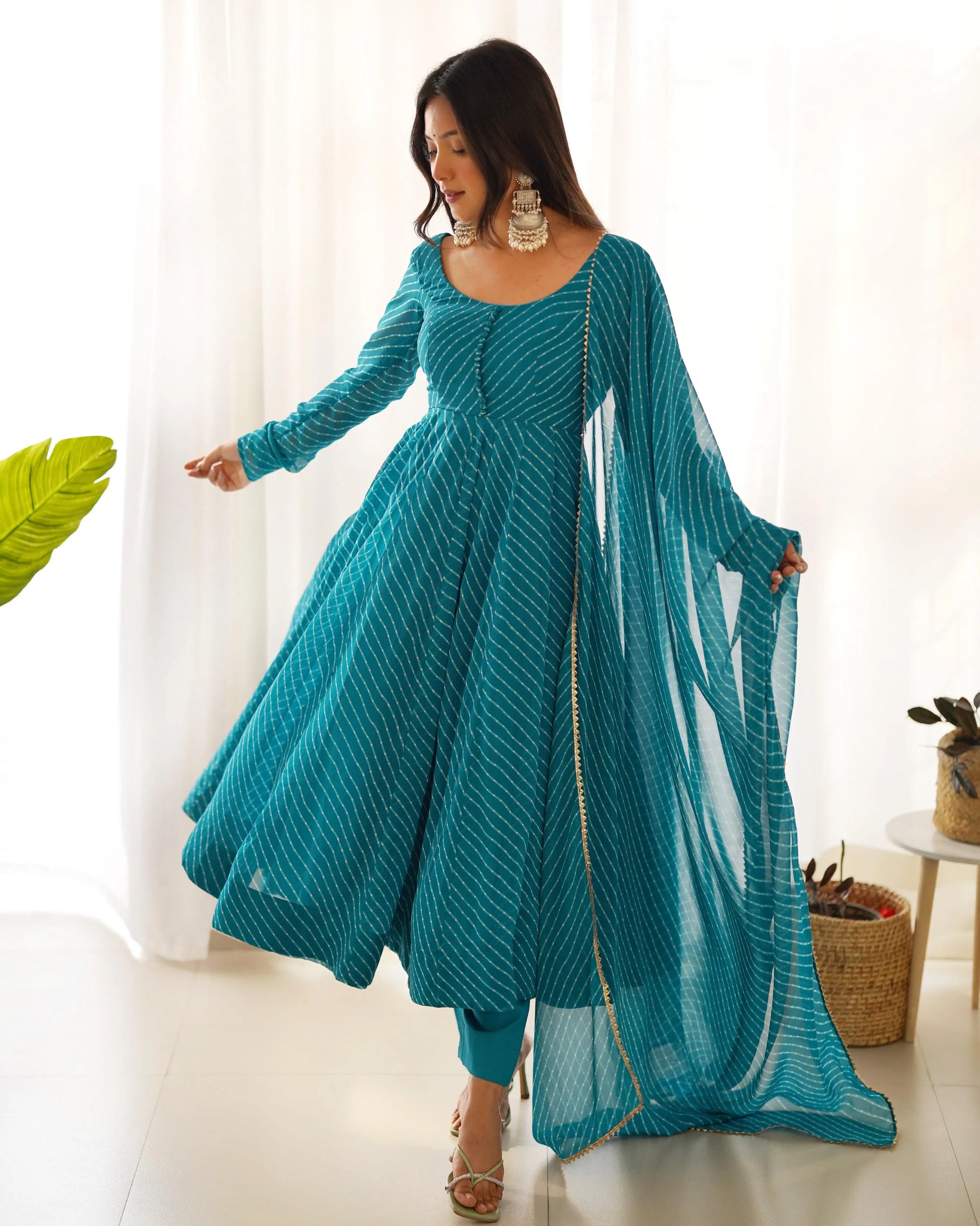 Alluring Teal Blue Laheriya Printed Georgette Anarkali Suit With Dupatta - Zeel Clothing