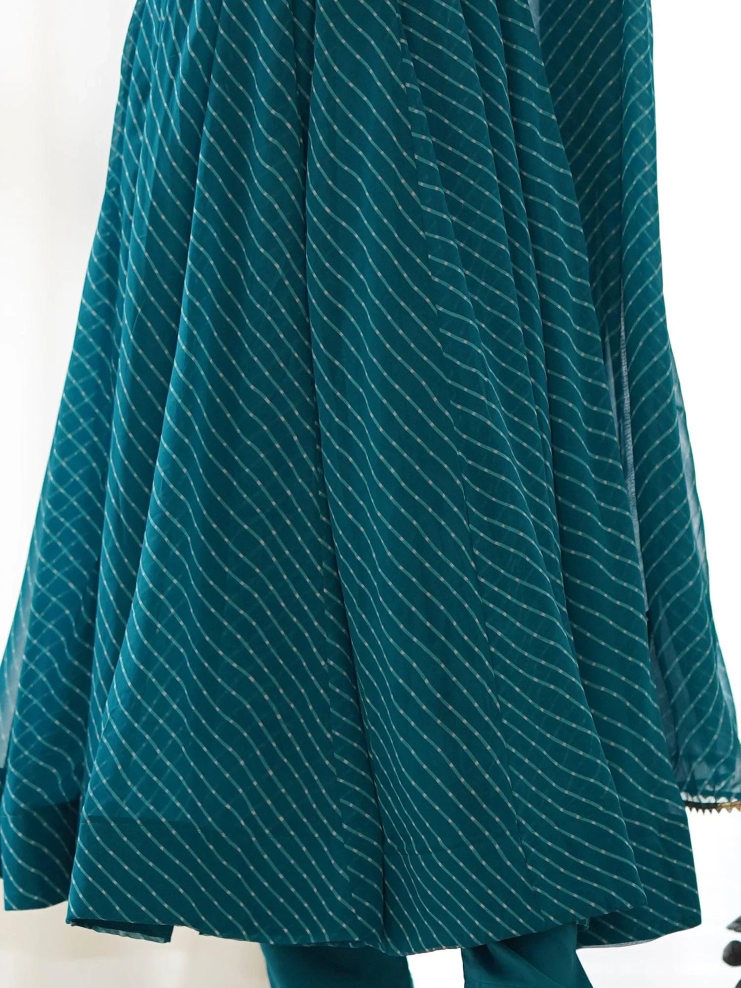 Alluring Teal Blue Laheriya Printed Georgette Anarkali Suit With Dupatta