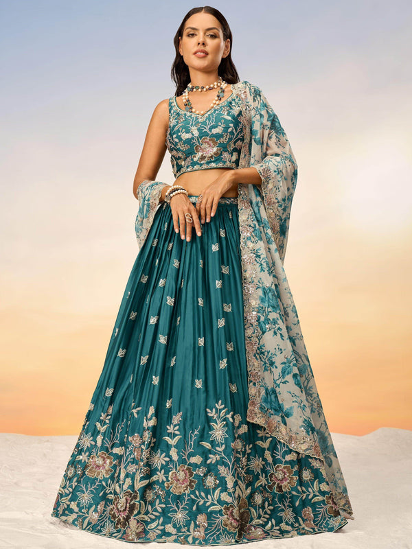 Alluring Teal Blue Sequins Chiffon Wedding Lehenga Choli With Dupatta - Zeel Clothing
