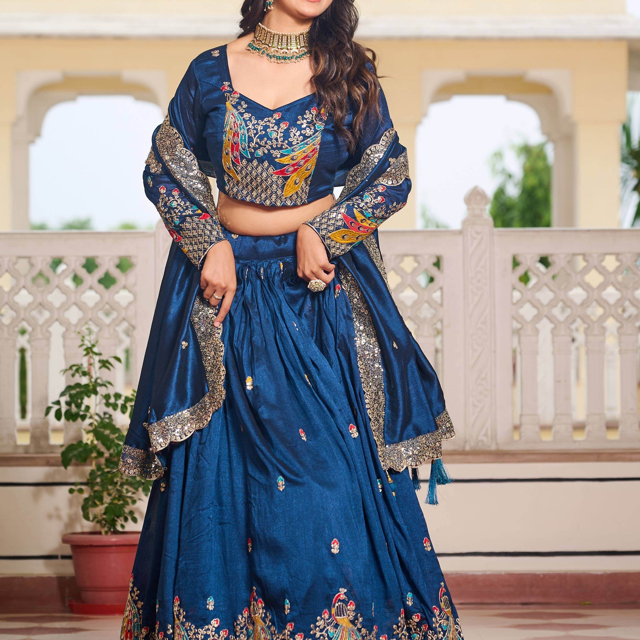 Alluring Teal Blue Thread Work Vichitra Silk Wedding Wear Lehenga Choli - Zeel Clothing