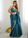 Alluring Teal Blue Tissue Silk Pre Stitched Saree With Blouse - Zeel Clothing