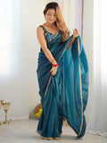 Alluring Teal Blue Tissue Silk Pre Stitched Saree With Blouse - Zeel Clothing