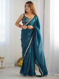 Alluring Teal Blue Tissue Silk Pre Stitched Saree With Blouse - Zeel Clothing