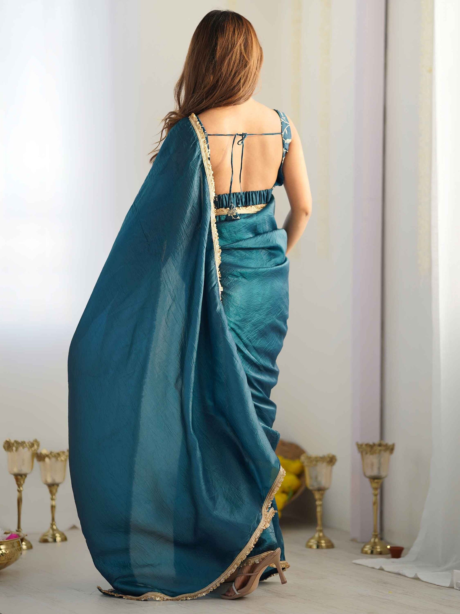 Alluring Teal Blue Tissue Silk Pre Stitched Saree With Blouse - Zeel Clothing