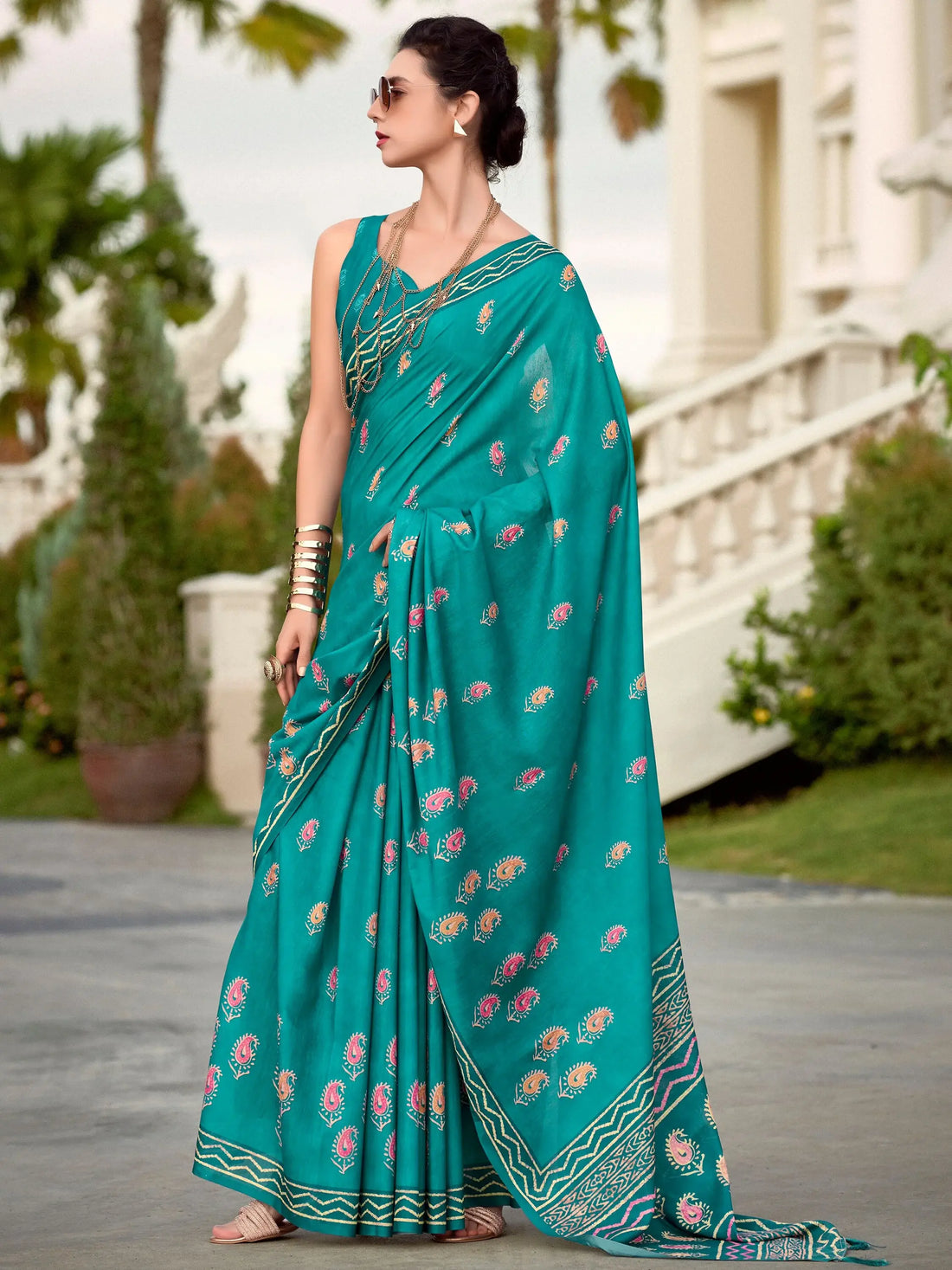 Alluring Teal Green Printed Silk Festival Wear Saree With Blouse - Zeel Clothing