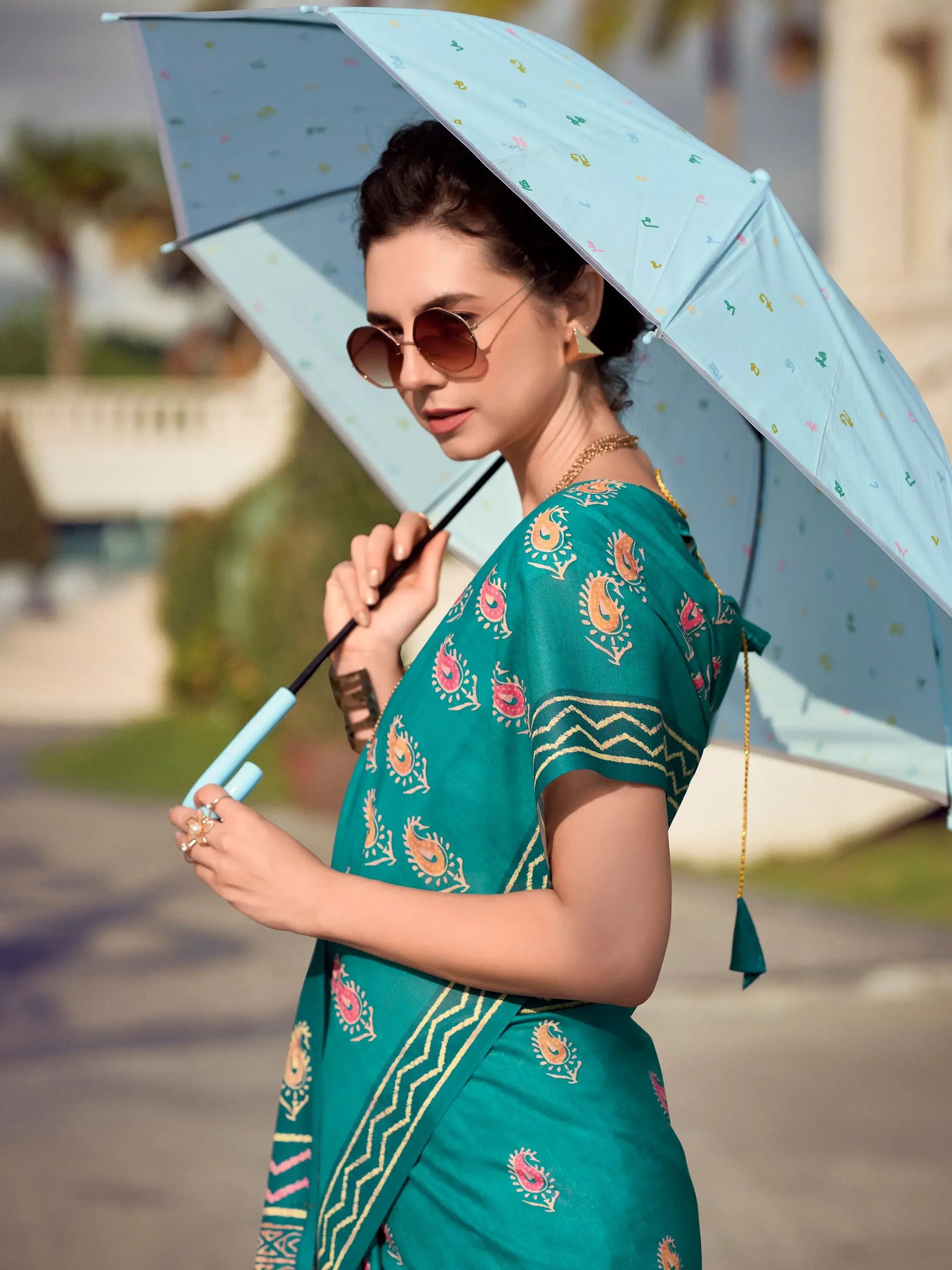 Alluring Teal Green Printed Silk Festival Wear Saree With Blouse - Zeel Clothing
