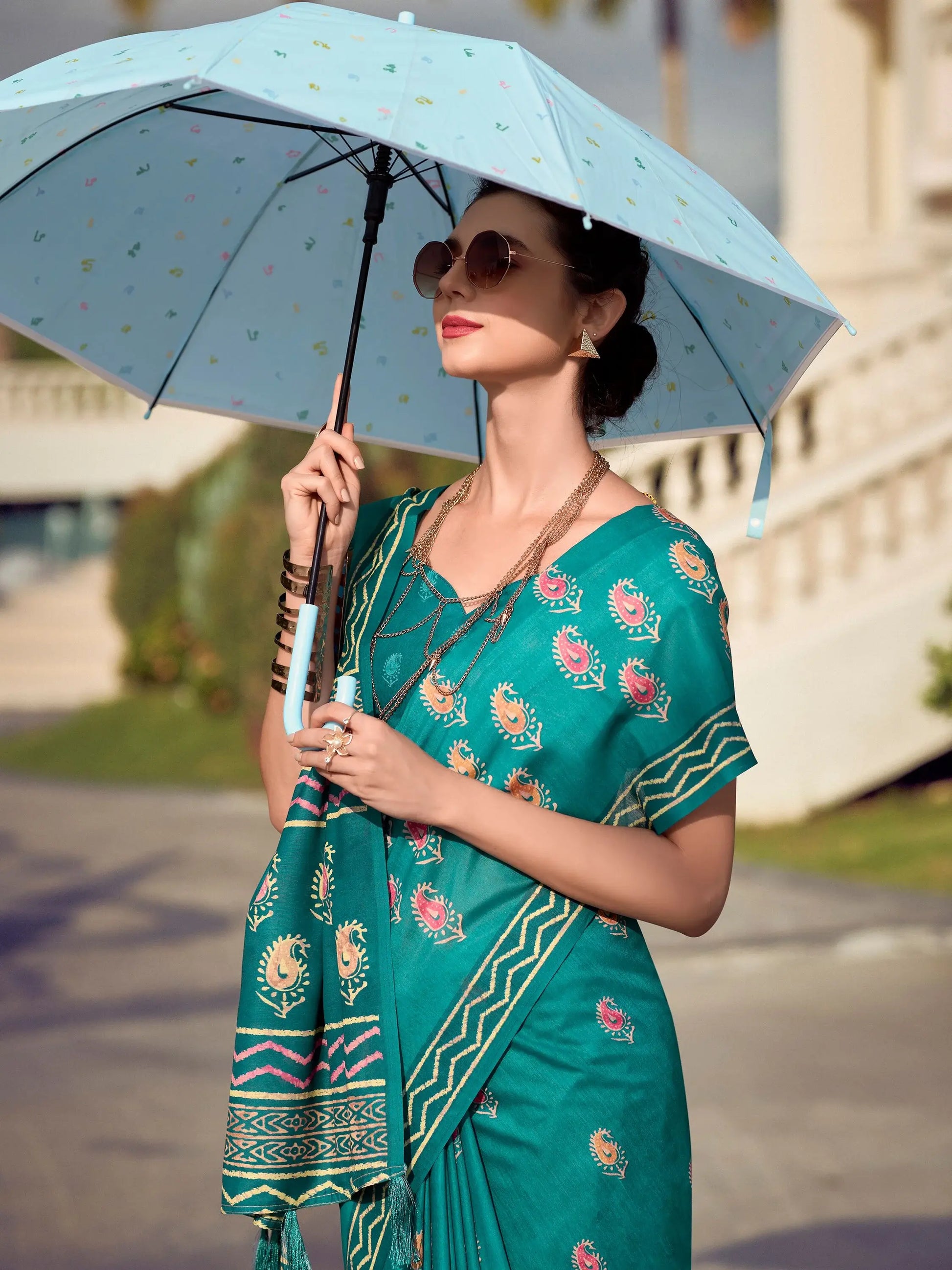 Alluring Teal Green Printed Silk Festival Wear Saree With Blouse - Zeel Clothing