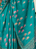 Alluring Teal Green Printed Silk Festival Wear Saree With Blouse - Zeel Clothing